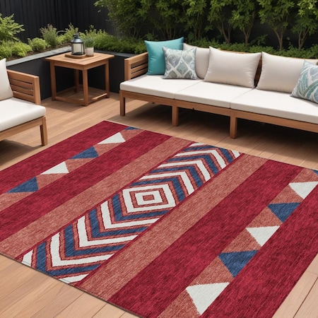 Homeroots 10' X 14' Red White And Navy Blue Southwestern Washable Indoor Outdoor Area Rug 613950