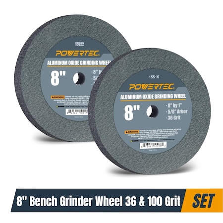 Powertec Aluminum Oxide Bench Grinding Wheel 8 in 36 & 100 Grit, 1 in Thick 5/8 in Arbor, 2PK 15532