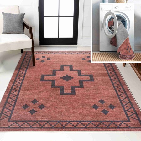 Jonathan Y Korsa Geometric Medallion Non-Slip Machine-Washable Red/Dark Gray 3 ft. x 5 ft. Area Rug WSH118A-3