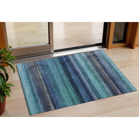 Homeroots 3' X 5' Teal Blue Aqua And Navy Blue Striped Washable Indoor Outdoor Area Rug 631221