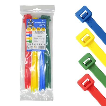 Grizzly Supply Cable Tie, 11 in L, 50 lb Strength, 3.2 in Max Bundle Dia, Nylon 6/6, Assorted Colors, 100PK GS-C11-50-Multi-C
