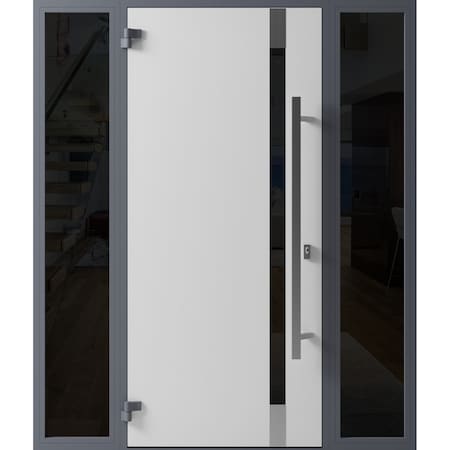 Vdomdoors Front Exterior Prehung Steel Door Ronex1011 Grey 2 Sidelight Exterior Windows Sidelites Stainless RONEX1011EXD-GRE-W16+36+16 x H80-RH-I