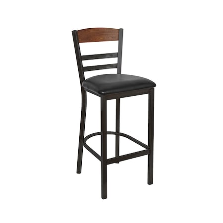 Bfm Seating Barrick Steel Wood Back Bar Stool - Quick Ship Black Vinyl Seat, Autumn Ash Back - Sand Black Finish 2165BBLV-AASB