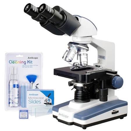 Amscope B020 Lab Binocular Compound Microscope 40X-2500X w/LED, 3D Stage, Slides and Cleaning Kit B020C-50P100S22-CKI