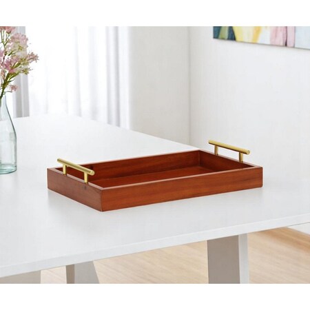 Homeroots 16" Brown And Gold Solid Wood Handmade Serving Tray With Handles 625663
