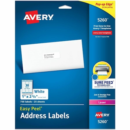 Avery Easy Peel Laser Address Labels, 1 x 2-5/8, White, 750/Pack 5260