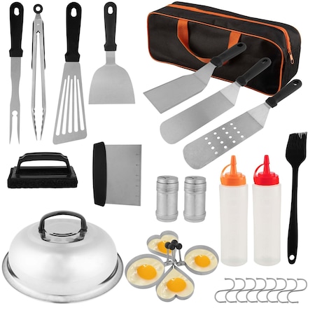 Home-Complete Griddle Accessories 28PC Grill Set w/ Stainless Steel Spatulas, Tongs, Cleaner, Dome & Carry Bag KIT-OUT2