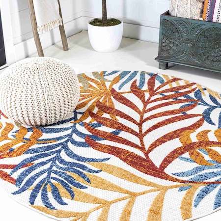 Jonathan Y Tropics Palm Leaves Cream/Orange 5 ft Round Indoor/Outdoor Area Rug AMC100B-5R