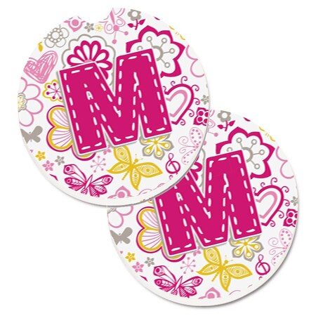 Carolines Treasures Letter M Flowers and Butterflies Pink Set of 2 Cup Holder Car Coaster CJ2005-MCARC