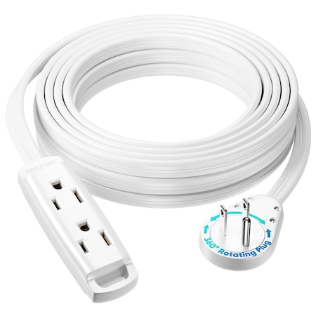 Maximm 20ft 14AWG 3-Outlet 360 degrees Flat Plug Extension Cord w/ Loop, UL, White ADW-S360-C1F20-14W0