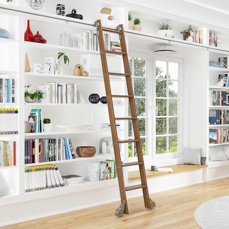 Quiet Glide 8.06 ft. Walnut Sunburst Wheel Polished Chrome Rolling Hook Removable Ladder, 12 ft. Rail QG.510-8WA-12-H.04