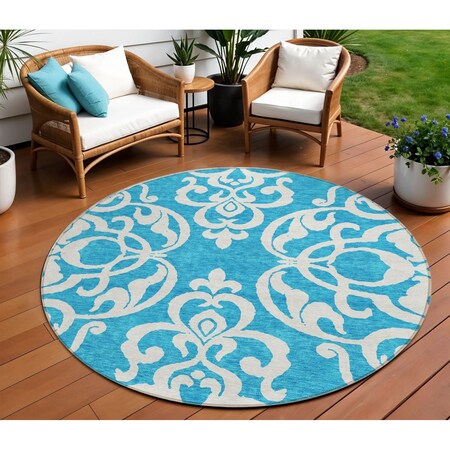 Homeroots 8' Turquoise And Ivory Round Damask Washable Indoor Outdoor Area Rug 614469