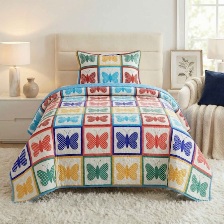 Lavish Home 2-Piece Twin Quilt Set Bedspread & Pillow Sham with Colorful Butterfly Pattern Lightweight Set 66-004-PRT-BT