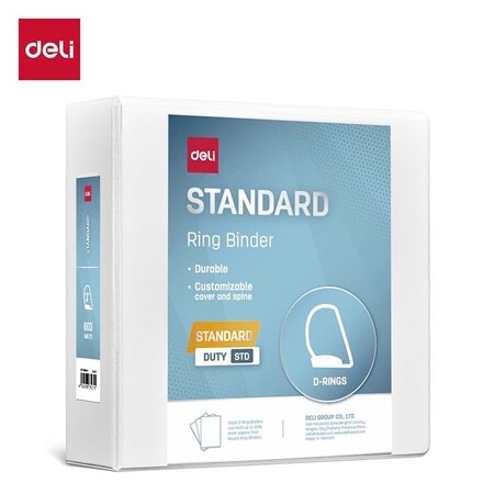 Deli Std Duty View Binder 3in, Letter, D-Ring, PVC-Free, White, 6PK CF570-WH