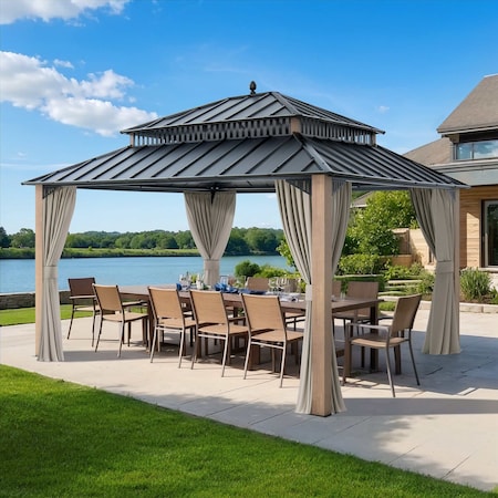 Sunjoy Kingston 14x12 Gazebo, Steel Hardtop Gazebo with Curtain and Netting - Woodgrain Aluminum Posts A10204366000