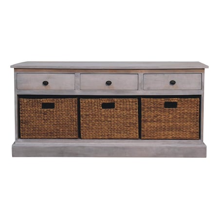 Homeroots 47in White and Natural Solid Wood Basket Storage Accent Cabinet With Three Drawers 654279