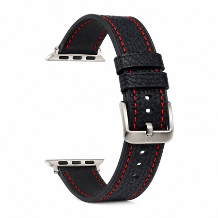Elegani Hybrid Leather Rubber Band Compatible with Apple Watch 45mm, Black/Red, Silver Buckle QRALGM-BLKRED-45