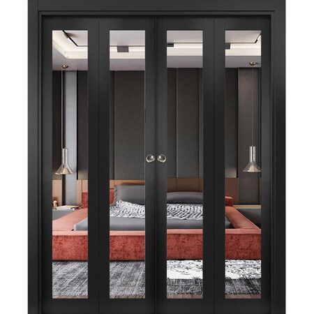 Sartodoors Sliding Closet Double Bi-fold Doors, Lucia 1299 Matte Black with Mirror, Sturdy Tracks Moldings Tr LUCIA1299DBF-BLK-96 x 96 (4* 24x96)