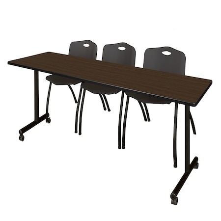 Regency Kobe Mobile T-Base Training Table W/ 2 M Stack Chairs, 84 in W, 24 in L, Neo Walnut MKTRCC8424NW47BK