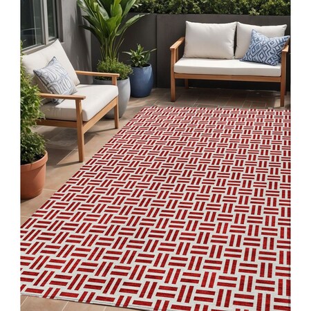 Homeroots 5' X 8' Red And Ivory Geometric Washable Indoor Outdoor Area Rug 614774