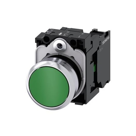 Siemens Pushbutton, 22 mm, round, metal, shiny, green, pushbutton, flat 3SU1150-0AB40-1BA0
