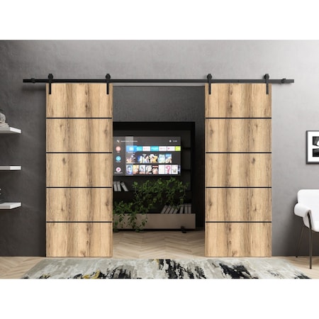 Sartodoors Sliding Double Barn Doors with Hardware, Planum 0015 Oak and Aluminum Strips, 13FT Rail Hangers Stu PLANUM0015DB-DUB-5684