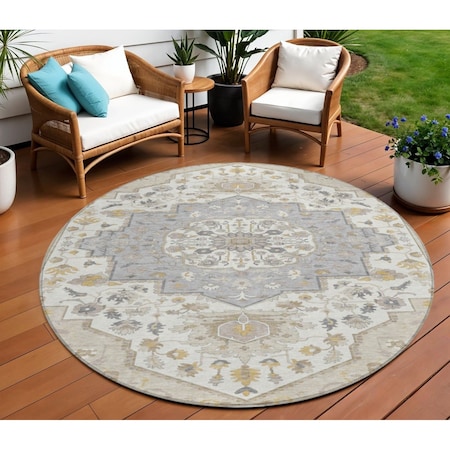 Homeroots 8' Beige Ivory And Gray Round Oriental Washable Indoor Outdoor Area Rug 596610