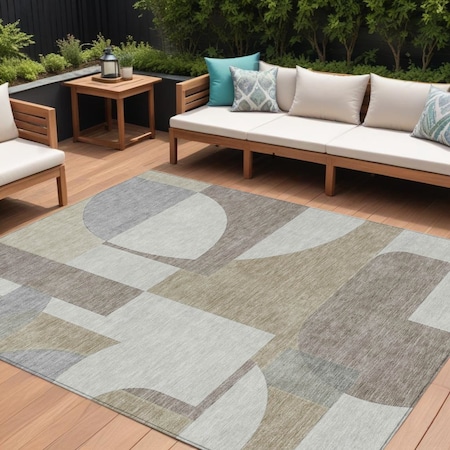 Homeroots 8' X 10' Khaki And Silver Geometric Washable Indoor Outdoor Area Rug 617923