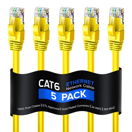 Maximm 10ft Cat6 Pure Copper UTP Ethernet Cable, 5PK, Yellow, 5PK CAT6512