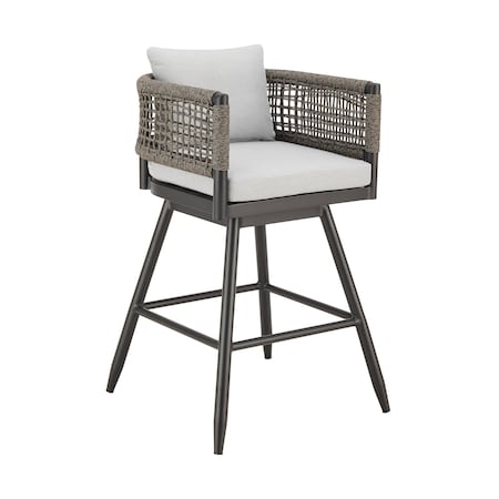 Armen Living Alegria Outdoor Patio Swivel Counter Stool in Aluminum with Gray Rope and Light Gray Cushions LCAFSWBABL26
