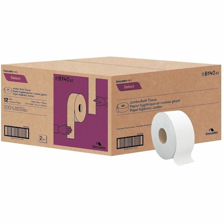 Cascades Pro Select Jumbo Toilet Paper, 2 Ply, 3.30in Width x 1000 ft Length, White, Fiber, 12PK B140