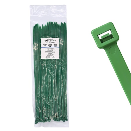 Cable Ties Unlimited Cable Tie, 14 in L, 50 lb Strength, 4 in Max Bundle Dia, Nylon 6/6, Green 100PK C14-50-Green