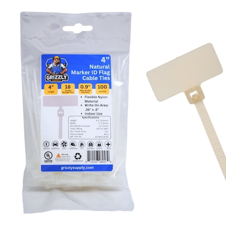 Grizzly Supply Marker Flag Cable Tie, 4 in L, 18 lb Strength, 1.0 in Max Bundle Dia, Nylon 6/6, Natural, 100PK GS-MF4-18-9C