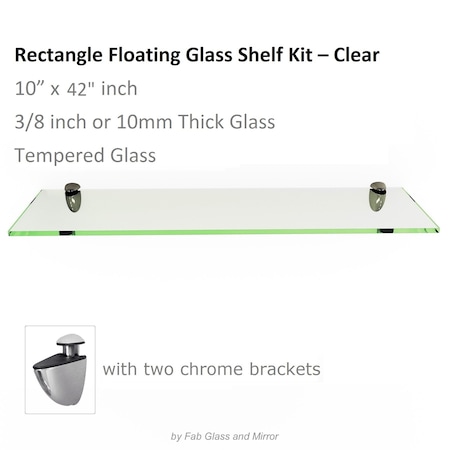 Fab Glass And Mirror Rectangle Floating Glass Shelf with Chrome Brackets, 10in L x 42in W, Tempered, Wall Mirror S-10x42RECCHBR