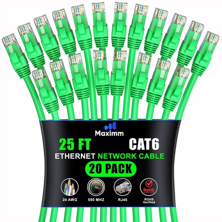 Maximm Cat6 Ethernet Cable 25ft 10Gbps 550MHz UTP, 20PK, Green, 20PK CAT6CCA-25GN-20PK