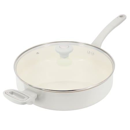 Martha Stewart Everyday Rexford 5 Quart Ceramic Nonstick Aluminum Saute Pan with Lid in Linen 141019.02
