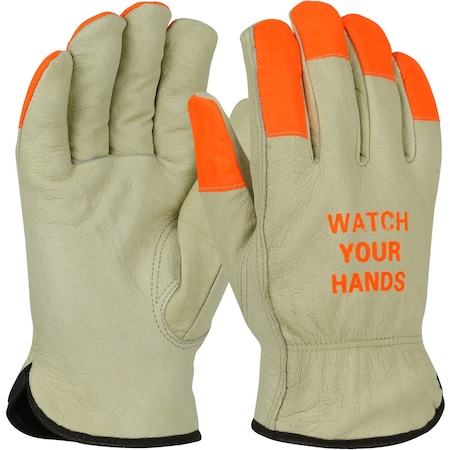 Pip Top Grain Pigskin Leather Drivers Glove w/Black Thermal Lining and Hi-Vis Fingertips&WYH Logo, 12PK 994KOTP/XL