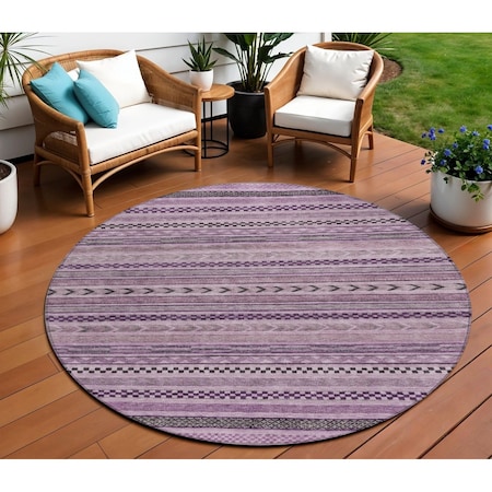 Homeroots 8' Plum And Lilac Round Striped Washable Indoor Outdoor Area Rug 615358