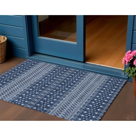 Homeroots 3' X 5' Navy Blue And Denim Blue Tribal Washable Indoor Outdoor Area Rug 582572