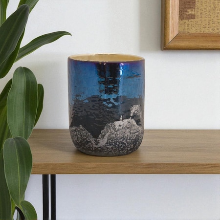 Homeroots 5" Navy Blue And Silver Abstract Glass Tabletop Pillar Candle Holder 634831