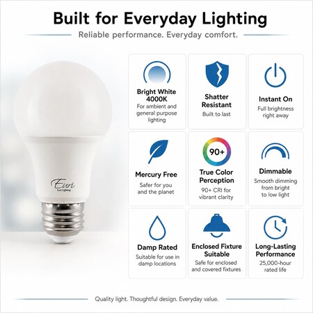 Euri Lighting A19 LED Bulbs, 9W, 810 lm, 60W Eq., 4000K, E26, Dimmable, CEC/JA8, UL, 2PK EA19-9W5040CEC-2