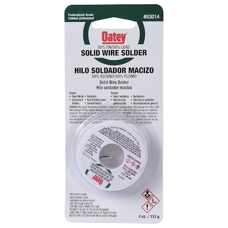Oatey Leaded Solder, 1/4 lb Carded, Solid, Silver, 361 to 421 deg F Melting Point 53014