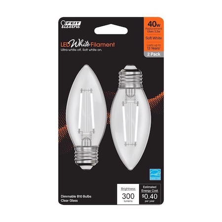 Feit Electric White B10 E26 (Medium) Filament LED Bulb Soft White 40 Watt Equivalence, 2PK BPETC40927WFIL2