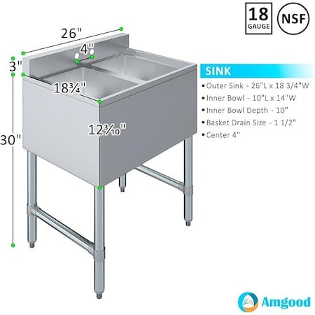 Amgood 20 in. x 26 in. Stainless Steel Two Compartment Sink with 10 in. x 14 in. x 10 in. Bowls AMG SINK S2C-101410-NF-Z