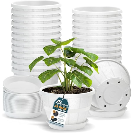 Lifemaster 10-Inch Whiskey Barrel Planters, Durable Plastic Pots with Drainage and Saucer, 25PK LMPBP25WHE