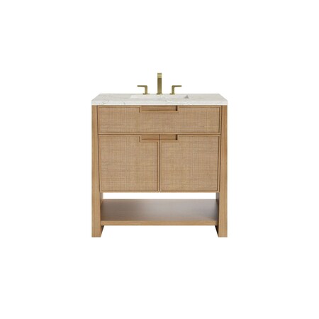 James Martin Vanities Solene 36 in. Single Vanity, Seaside Oak, w/ 3 CM Victorian Silver Quartz Top D225-V36-SSO-3VSL