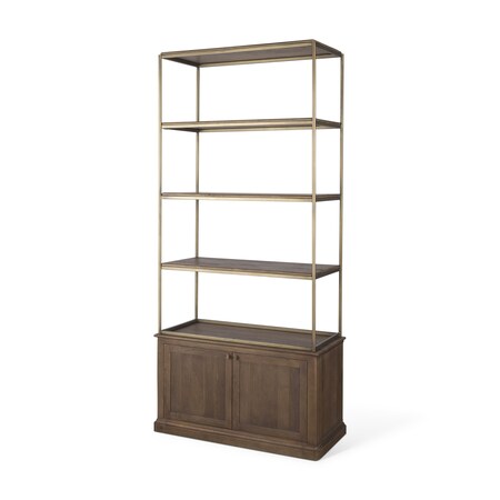 Homeroots 42" Antiqued Brass And Brown Distressed Metal and Solid Wood Four Tier Bookcase with Two Doors 611043