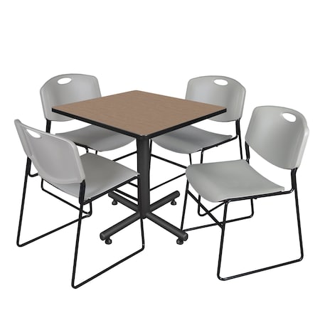 Regency Square Kobe Breakroom Table W/ 4 Zeng Stack Chairs, 30 in W, 30 in L, Noble Oak TKB3030NO44GY