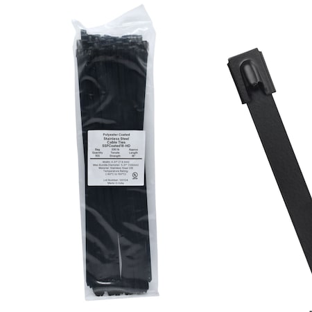 Cable Ties Unlimited Cable Tie, 18 in L, 300 lb Strength, 5.2 in Max Bundle Dia, Coated 316 Stainless Steel, Black, 100PK SSPCoated18-HD