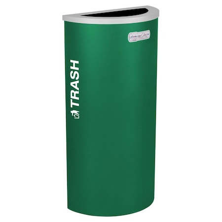 Ex-Cell Kaiser 8-gal recycling receptacle- half round top and Trash decal- Emerald Texture finish RC-KDHR-T EGX